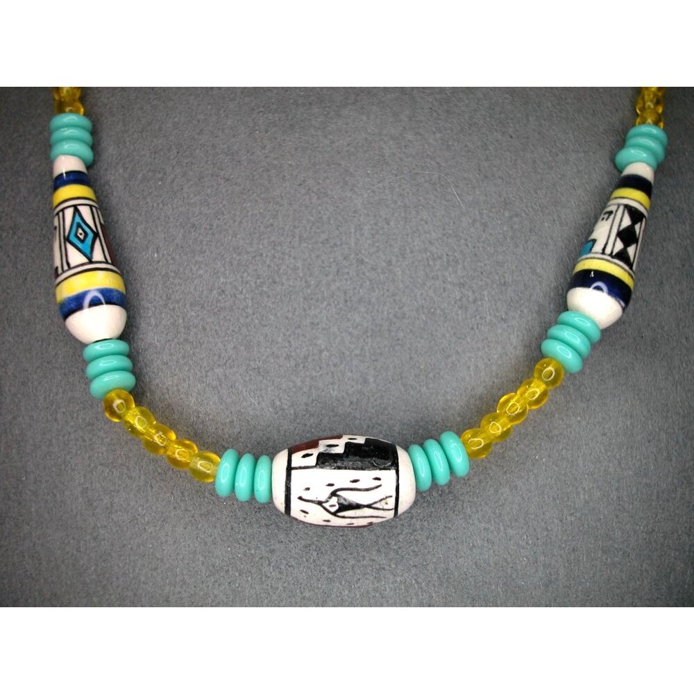 Peruvian Beaded Necklace 20" Sterling Silver Clasp Glass & Hand-Painted Beads - Picture 2 of 4